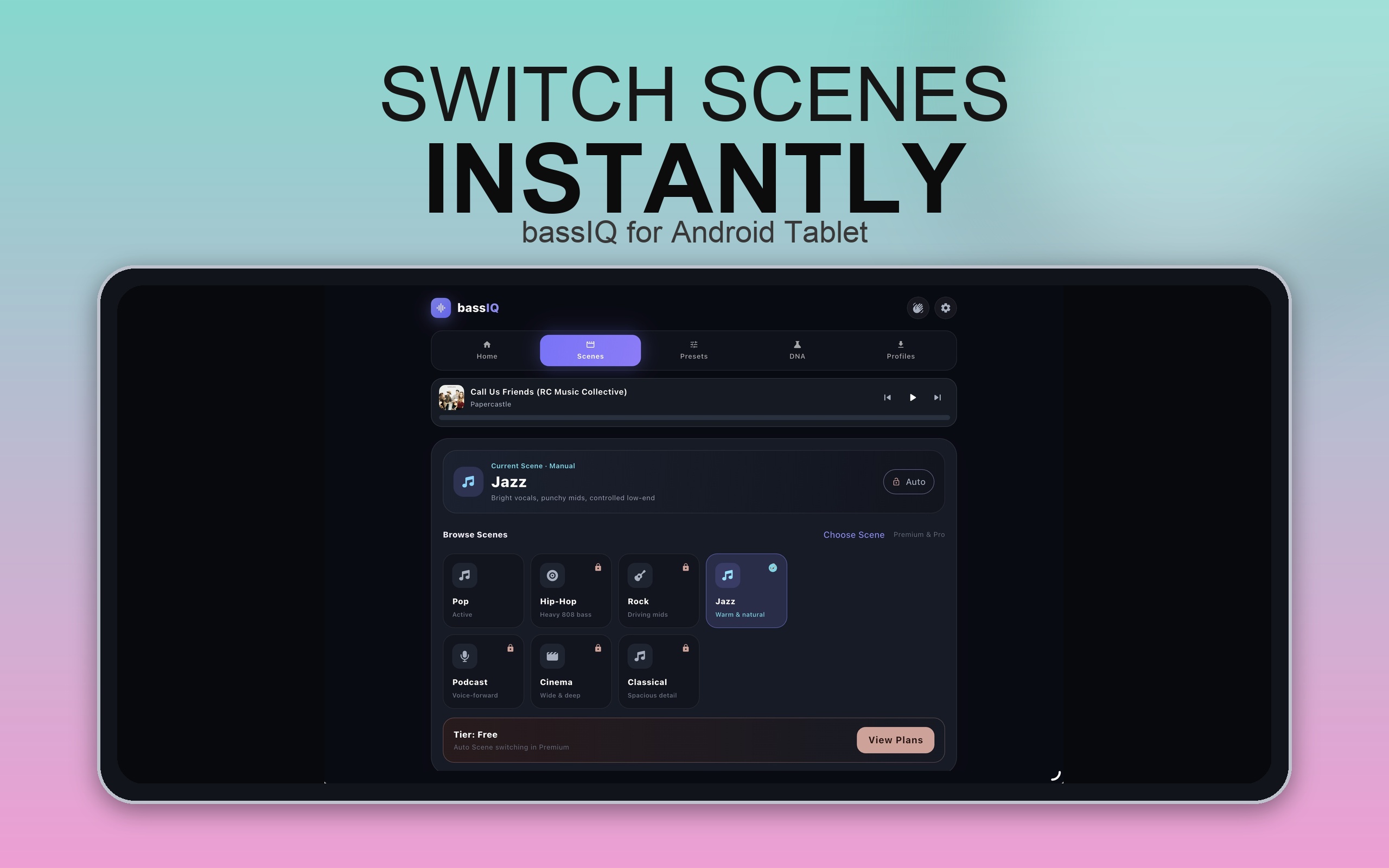 bassIQ scenes on Android tablet