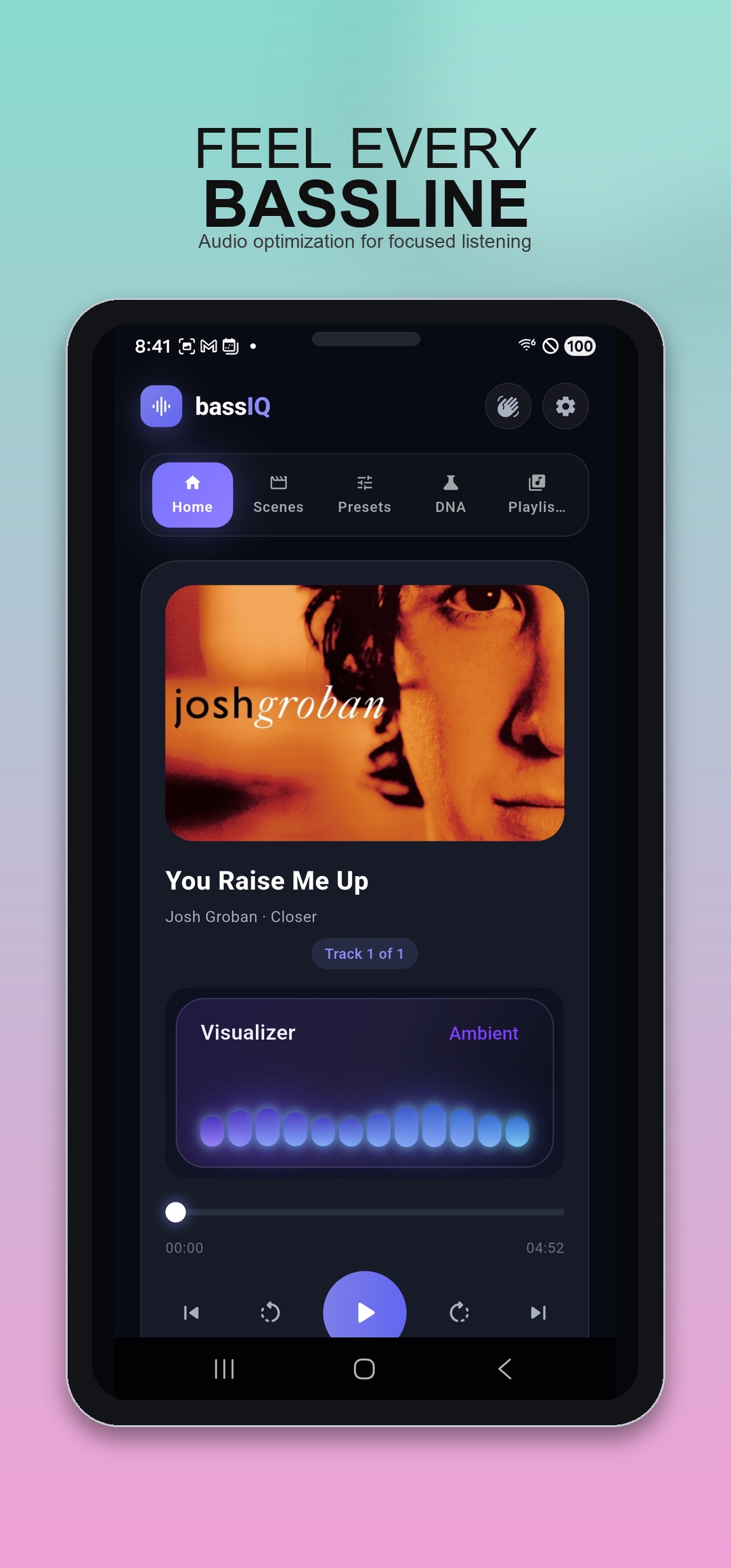 bassIQ active player showing Josh Groban - You Raise Me Up with visualizer