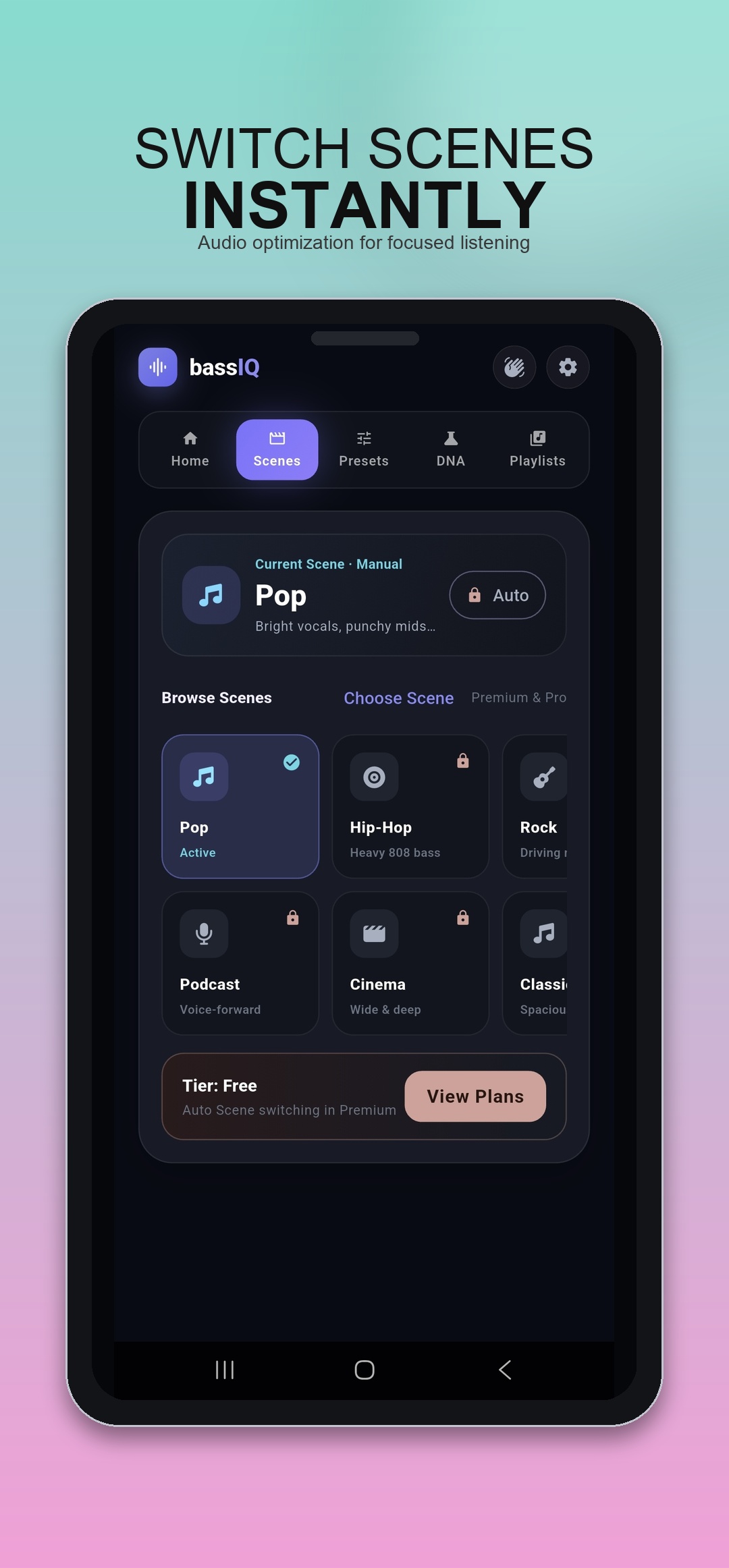 bassIQ scene selection showing Pop, Hip-Hop, Rock, Jazz, Podcast, Cinema, Classical genres